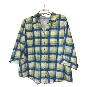 Alfred Dunner Plaid Blouse 3/4 Sleeve Blue Yellow Women’s‎ Size XL